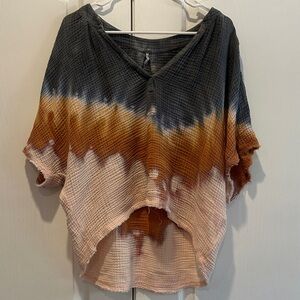 Women's Tie-Dye Gauze V-Neck Top in Charcoal, Rust & Blush Medium